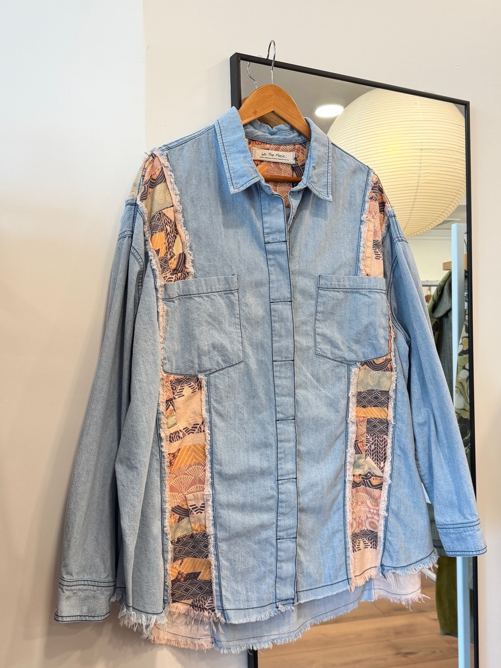 We The Free big oversized denim shirt with neutral geometric patchwork panels XL
